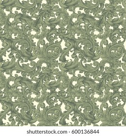 Abstract floral ornamental decorative swirl heraldic filigree seamless wallpaper pattern. Hand drawn engraving. Vector vintage illustration. 8 EPS