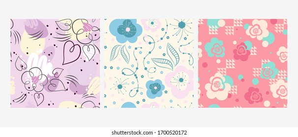 Abstract floral ornamental seamless pattern. Flowers with leaves and hearts on pastel background. Design for fabric, wrapping paper vector illustration.