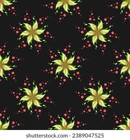 Abstract floral ornaments seamless pattern. Red and green botanic elements on black background. Best for textile, wallpapers, wrapping paper, package and home decoration.