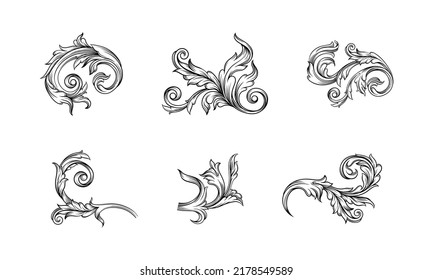 Abstract floral ornaments set. Decorative black and white curled leaves vector illustration