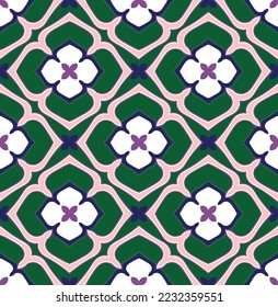 Abstract Floral Ottoman Style Ceramic Aztec Tile Moroccan Vector Seamless Pattern Porcelain Concept Perfect for Allover Fabric Print Trendy Fashion Colors Dark Green Pastel Pink Tones