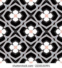 Abstract Floral Ottoman Style Ceramic Aztec Tile Moroccan Vector Seamless Pattern Porcelain Concept Perfect for Allover Fabric Print Trendy Fashion Colors Black Background