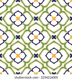 Abstract Floral Ottoman Style Ceramic Aztec Tile Moroccan Vector Seamless Pattern Porcelain Concept Perfect for Allover Fabric Print Trendy Fashion Colors Green Navy Blue Tones