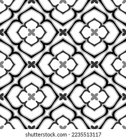 Abstract Floral Ottoman Style Ceramic Aztec Tile Moroccan Vector Seamless Pattern Porcelain Concept Perfect for Allover Fabric Print Trendy Fashion Colors Monochrome Black White Tones