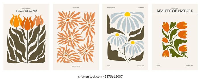 Abstract floral painting cover. Hand drawn collage with flowers in vase, floral wallpaper and poster design. Vector minimalistic botanical cover collection. Artworks with beautiful wildflowers