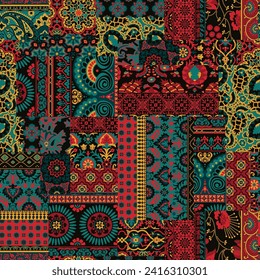 Abstract floral paisley antique carpet motifs patchwork vector seamless pattern for shirt fabric wrapping rug tablecloth pillow wallpaper 