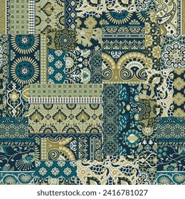 Abstract floral paisley antique carpet motifs patchwork vector seamless pattern for shirt fabric wrapping rug tablecloth pillow wallpaper 