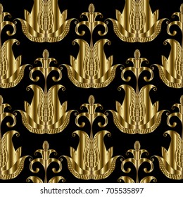 Abstract floral paisleys seamless pattern. Black floral background wallpaper illustration with gold 3d paisley lotus flowers and elegance flourish ornaments. Vector endless surface texture 