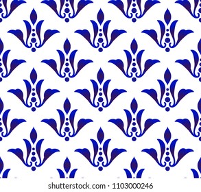 Abstract floral pattern baroque and damask style, blue and white royal seamless background, cute porcelain backdrop for design ceramic, texture, wall, tile, paper and fabric, vector illustration

