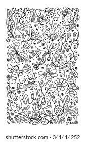 Abstract floral pattern with bees, sketch for your design. Vector illustration
