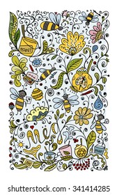 Abstract floral pattern with bees, sketch for your design. Vector illustration