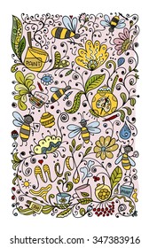 Abstract floral pattern with bees, sketch for your design. Vector illustration