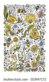 Abstract floral pattern with bees, sketch for your design. Vector illustration