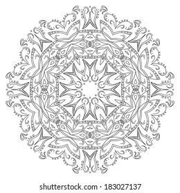 Abstract floral pattern, black contours on white background. Vector