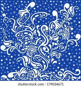Abstract floral pattern in blue and white colors, hand drawing vector illustration