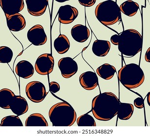 Abstract floral pattern with bold black and orange circles on a light background. Ideal for modern textile designs, wallpapers, and decorative art.