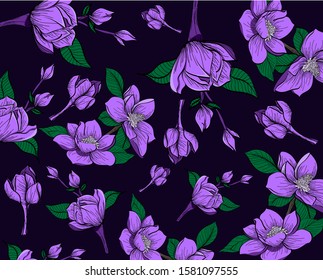 Abstract floral pattern. Botanical motifs scattered random.Hand drawn background. For fashion prints or fabric
