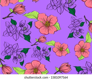Abstract floral pattern. Botanical motifs scattered random.Hand drawn background. For fashion prints or fabric