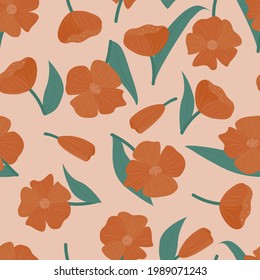 Abstract floral pattern with bright colors. Seamless composition of flowers and leaves for fabric and textiles.