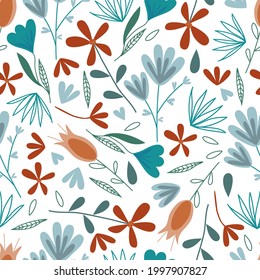 Abstract floral pattern with bright colors. Seamless composition of flowers and leaves for fabric and textiles.