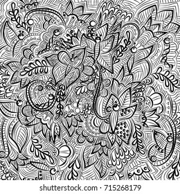 Abstract, floral, pattern with butterflies.Vector illustration, black outline, on white background