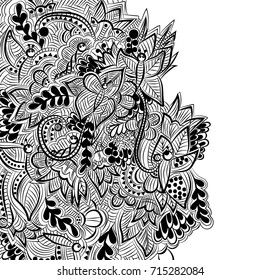 Abstract, floral pattern with butterflies.Vector illustration, black outline on white background, hand-drawn