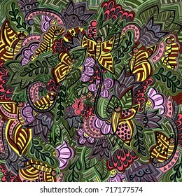 Abstract, floral, pattern with butterflies.Vector illustration, bright, colored, hand-drawn