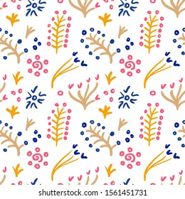 Abstract floral pattern. Cartoon berries and branches. Doodle style seamless bright background.