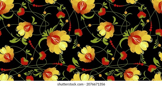 abstract floral pattern. Chrysanthemums pattern for textiles and fabrics. Pink and cherry colors. Black background.Vector illustration Japanese flowers.Petrikov painting.
