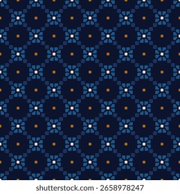 Abstrakte florale Muster kreisförmigen geometrischen Hintergrund Mosaik Blumen stilvolles Design. Digitale Illustration hochauflösendes Bild über Druckblock. Farbige Ziertextur blau, weiß, goldene Fliesen