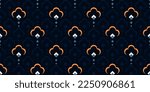 Abstract floral pattern classic blue background small orange flowers motif seamless Japan style elegant geometric ornament. Modern fabric design textile swatch ladies dress allover print block.