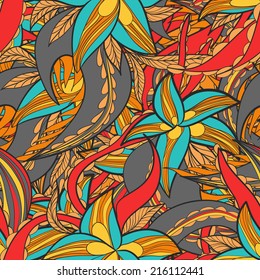 Abstract floral pattern with colorful blooming flowers, seamless texture