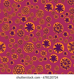 Abstract floral pattern: colourful stylized design features series of ornamental motifs with geometric shapes in varying sizes, creating dynamic visual flow across surface. Intricate circular forms include star-like configurations and detailed line work, set against rich warm purple backdrop that enhances striking contrast. Lively composition evokes energy and creativity through symmetrical yet random arrangement, showcasing vibrant colouring with primary orange elements. This playful repetition adds depth and interest, making it suitable for multiple applications including fabric concepts, wall coverings, packaging solutions, and decorative arts. Contemporary aesthetic appeals to industries focused on fashion, home concepts, and craft projects, providing cheerful design element with whimsical appeal. Artistic abstraction demonstrates sophisticated styling with ornate palette that works for various embellishment needs.