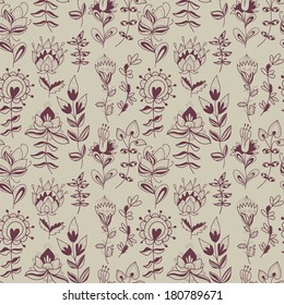 abstract floral pattern. contour hand-drawn. Endless floral pattern. Plant elements. Full color seamless pattern. Use as a fill pattern, backdrop, seamless texture.