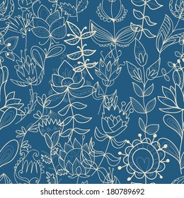 abstract floral pattern. contour hand-drawn. Endless floral pattern. Plant elements. Full color seamless pattern. Use as a fill pattern, backdrop, seamless texture.