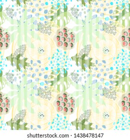 Abstract floral pattern. Crazy ornament. Seamless texture. Plants, leaves, flowers, seeds, creepers, dots, strokes, stripes. Vector illustration
