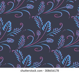 Abstract floral pattern, decorative blue-pink fern leaves on dark-blue background