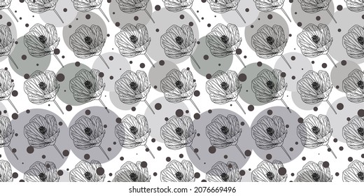 abstract floral pattern. Delicate transparent pattern for textiles and fabrics. Gray and black colors. Vector illustration of circles and flowers.