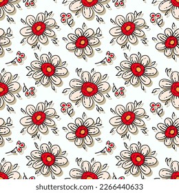  Abstract floral pattern design with daisy  flowers and small leaves on a white background. Fashion print design 
