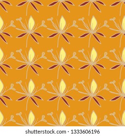 Abstract floral pattern with dots contour red and yellow, on an orange background, stock vector illustration for design and decor, prints, fabrics, wrapping paper