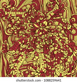 Abstract floral pattern, drawn by hand, circles, lines, leaves