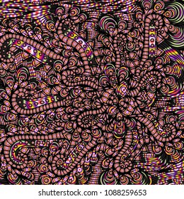 Abstract floral pattern, drawn by hand, circles, lines, leaves