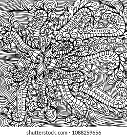 Abstract floral pattern, drawn by hand, circles, lines, leaves