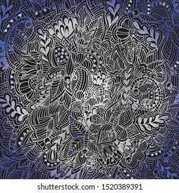 Abstract floral pattern, drawn by hand, circles, lines, leaves