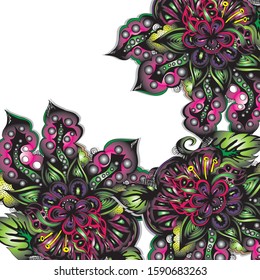 Abstract floral pattern, drawn by hand, circles, lines, leaves