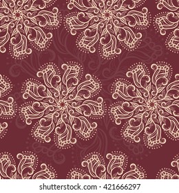 Abstract floral pattern. Elegant geometrically perfect seamless texture with dark red background. Use: textile, wrapping paper, wallpaper, ceramic tiles, decoupage, scrapbook, decorative element