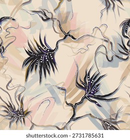 Abstract floral pattern with expressive line art and soft pastel background. Modern artistic surface design suitable for fashion fabrics, wallpaper, home decor, packaging, stationery, and creative branding.