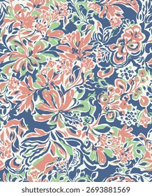 Abstract floral pattern features an intricate blend of blooming flowers, leaves. seamless, vector-ready design. with bold, overlapping floral, fashion textiles, home decor, grunge, active wear prints.