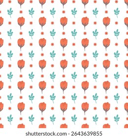 Abstractas patrón floral con flores rojas brillantes y follaje verde arreglado en un diseño repetitivo. Ideal como fondo o impresión textil, 