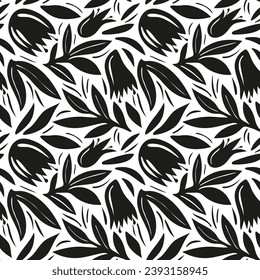 abstract floral pattern with flowers and leaves in black and white style. scattered flower buds in flat style in fashion print